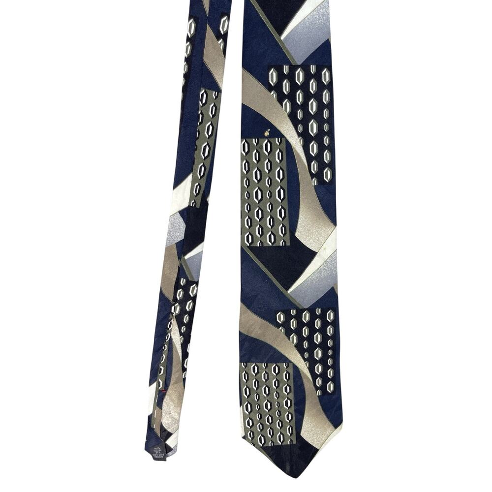 Vintage 90s George Machado Italian Silk Tie Navy Art Deco Print Yuppie Retro